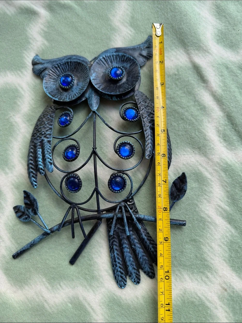 Blue Crystal Accent Metal Owl Wall Decor - Stylish Home Accent - Charcoal Color